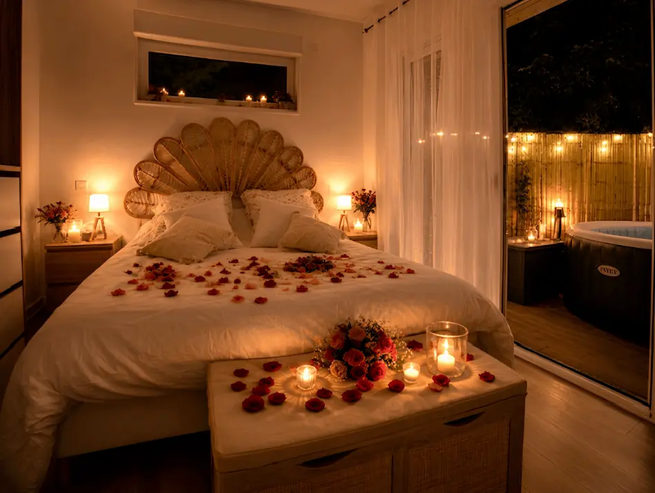 lit romantique avec pétales de roses et bougies