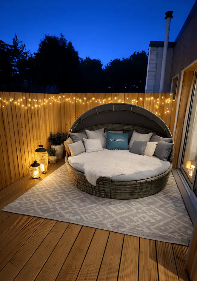 canapé extérieur sur terrasse en bois de nuit 
